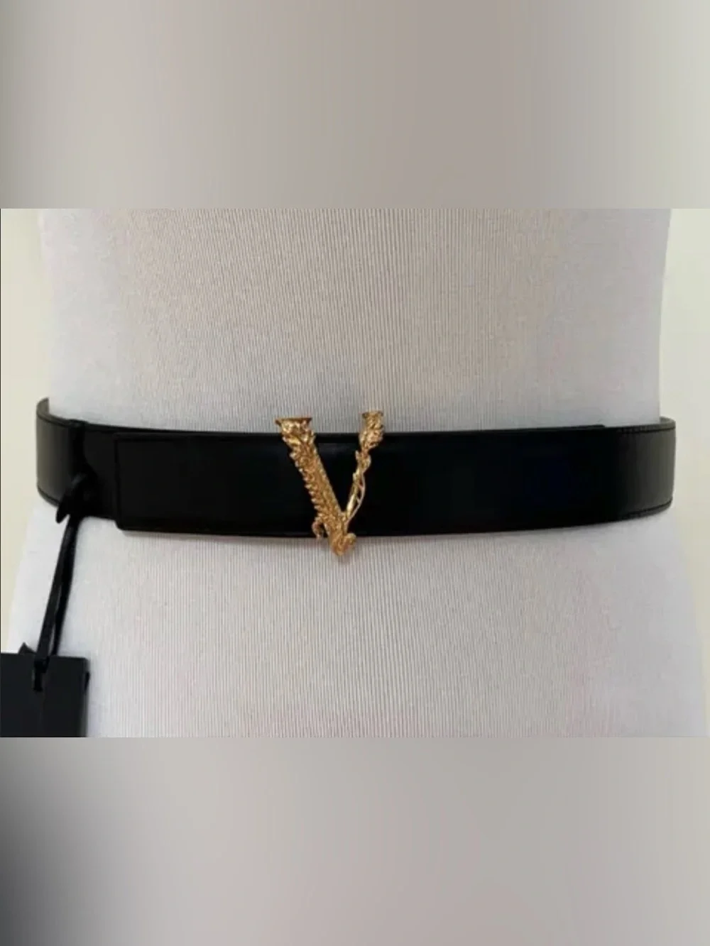 Versace Virtus Black Leather Belt with Gold V Motif